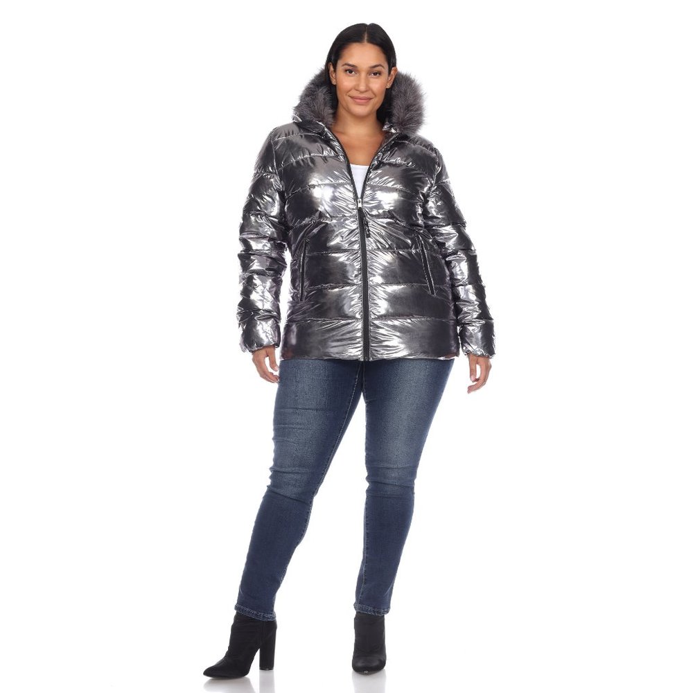 Silver Metallic Puffer Jacket with Faux Fur Hood and Side Pockets